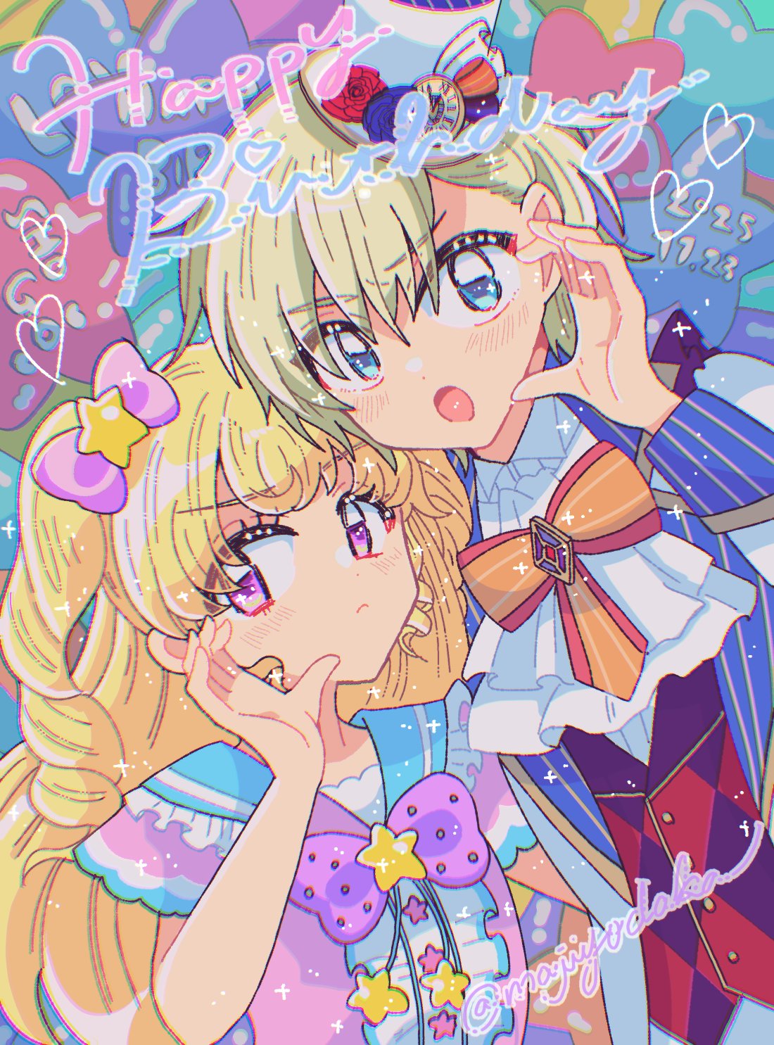 yumekawa shogo, yumekawa yui, idol time pripara, pretty series, pripara, highres, 1boy, 1girl, ascot, balloon, blonde hair, blue eyes, bow, brother and sister, closed mouth, hair bow, hand up, happy birthday, hat, long hair, long sleeves, looking at viewer, mini hat, mini top hat, neck ribbon, open mouth, pink shirt, purple eyes, ribbon, ringlets, shirt, short hair, siblings, star (symbol), top hat, two side up, upper body, white ascot, white hat, yodaka (majiyodaka)