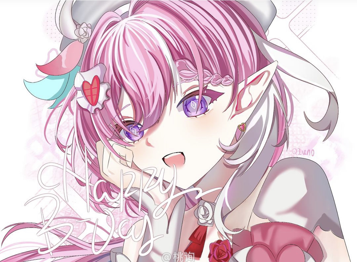 elysia (hi love elf) (honkai impact), elysia (honkai impact), honkai (series), honkai impact 3rd, chinese commentary, commentary request, 1girl, beret, diamond-shaped pupils, diamond (shape), earrings, elf, hand on own cheek, hand on own face, happy birthday, hat, heart, heart earrings, jewelry, long hair, looking at viewer, open mouth, pink hair, pointy ears, purple eyes, q1 tao xun, simple background, smile, solo, symbol-shaped pupils, upper body, very long hair, white background