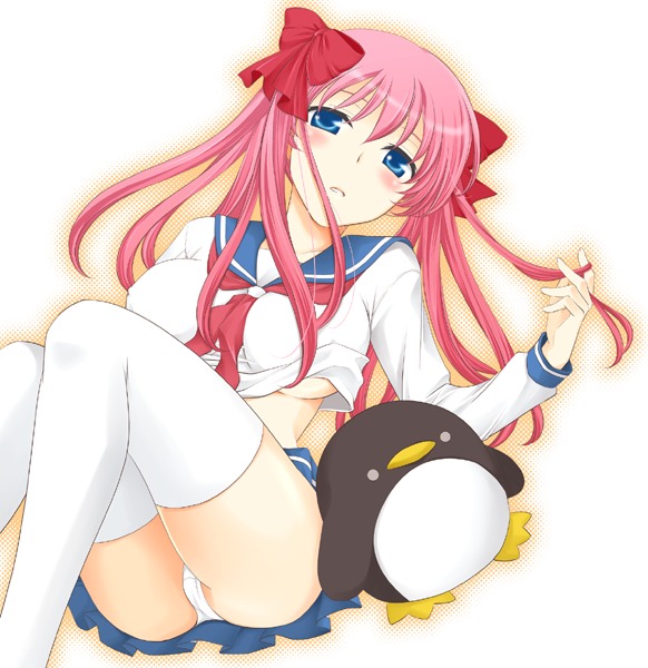 alta (1122), etopen, haramura nodoka, saki (manga), 00s, 1girl, ass, breasts, covered erect nipples, female focus, large breasts, no bra, panties, pantyshot, pink hair, school uniform, serafuku, skirt, solo, stuffed animal, stuffed penguin, stuffed toy, thighhighs, twintails, underboob, underwear, upskirt, white panties, white thighhighs