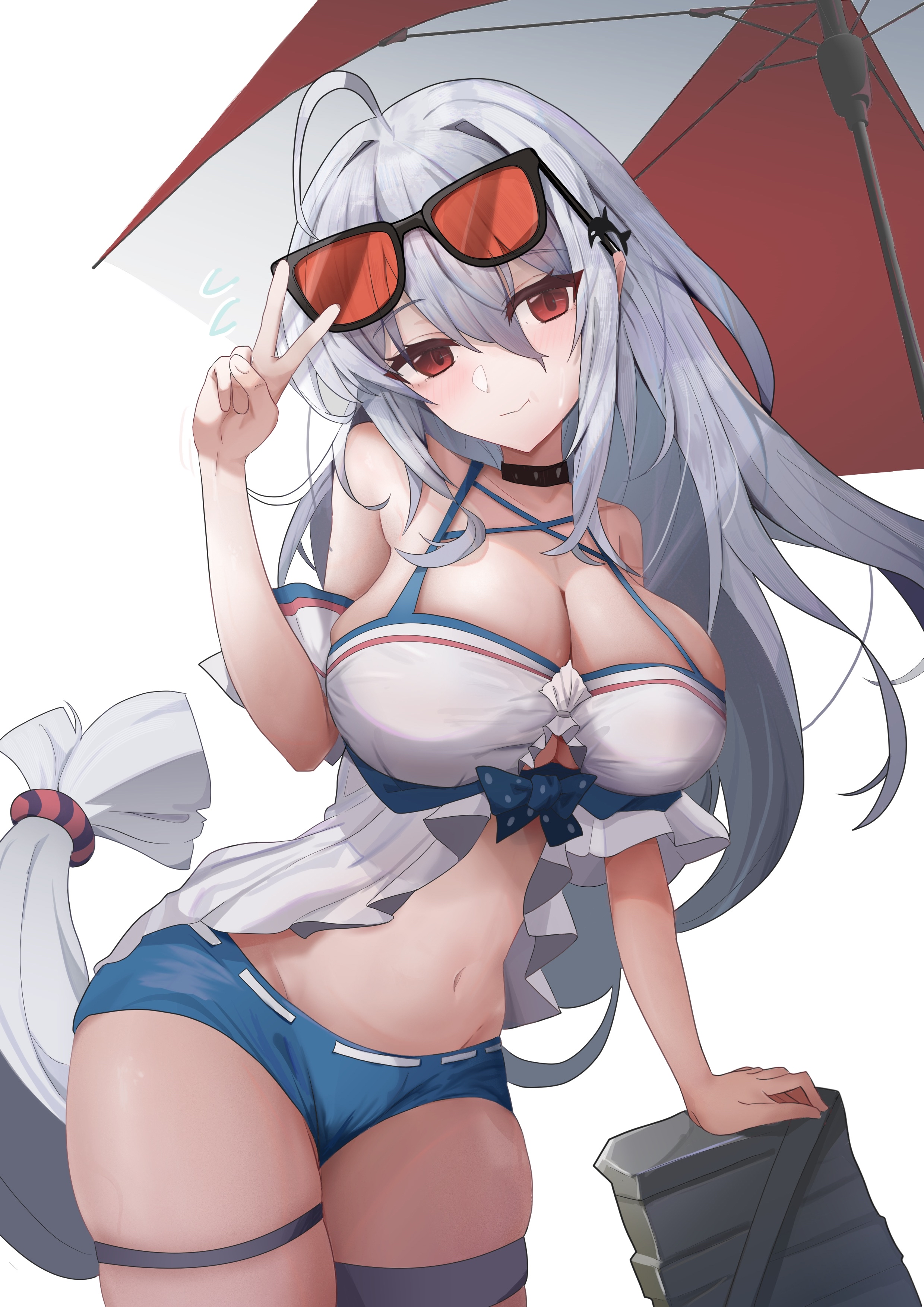lastmatch500, skadi (arknights), skadi (waverider) (arknights), arknights, absurdres, commentary, highres, 1girl, ahoge, bare shoulders, black choker, blue shorts, breasts, choker, cleavage, eyewear on head, grey hair, hair between eyes, hair ornament, large breasts, long hair, looking at viewer, low-tied long hair, midriff, navel, official alternate costume, red eyes, shirt, shorts, solo, sunglasses, thigh strap, tinted eyewear, umbrella, v, whale hair ornament, white background, white shirt