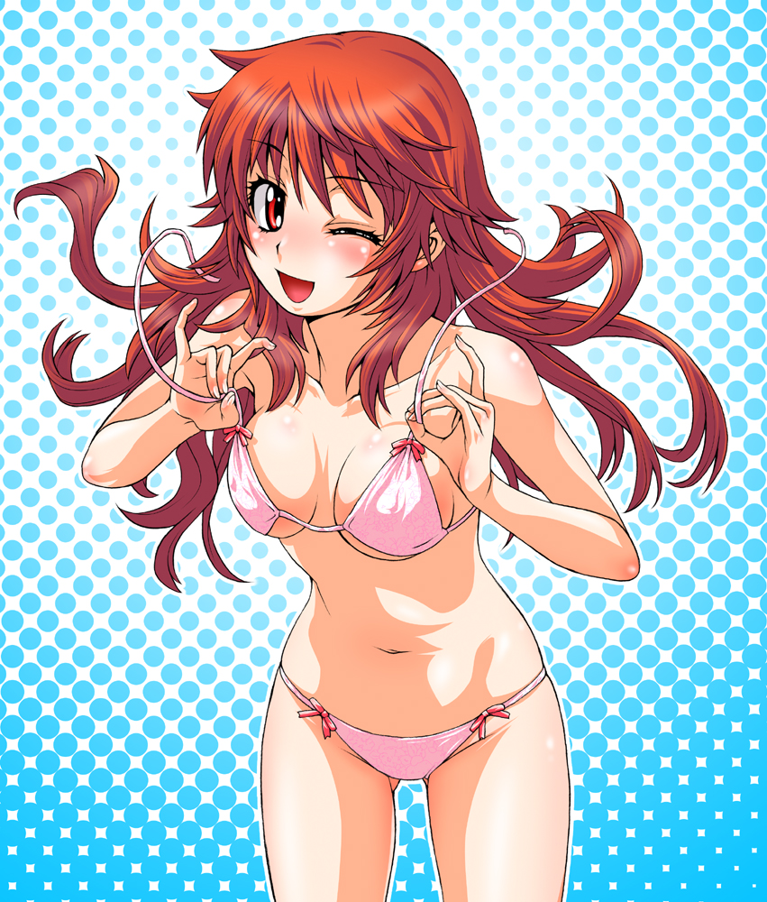 kouda tomohiro, akashi kaoru, zettai karen children, 00s, 1girl, ;d, aged up, bent over, bikini, blush, breasts, cleavage, female focus, halftone, halftone background, large breasts, long hair, navel, one eye closed, open mouth, pink bikini, red eyes, red hair, smile, solo, string bikini, swimsuit, untied bikini, wink