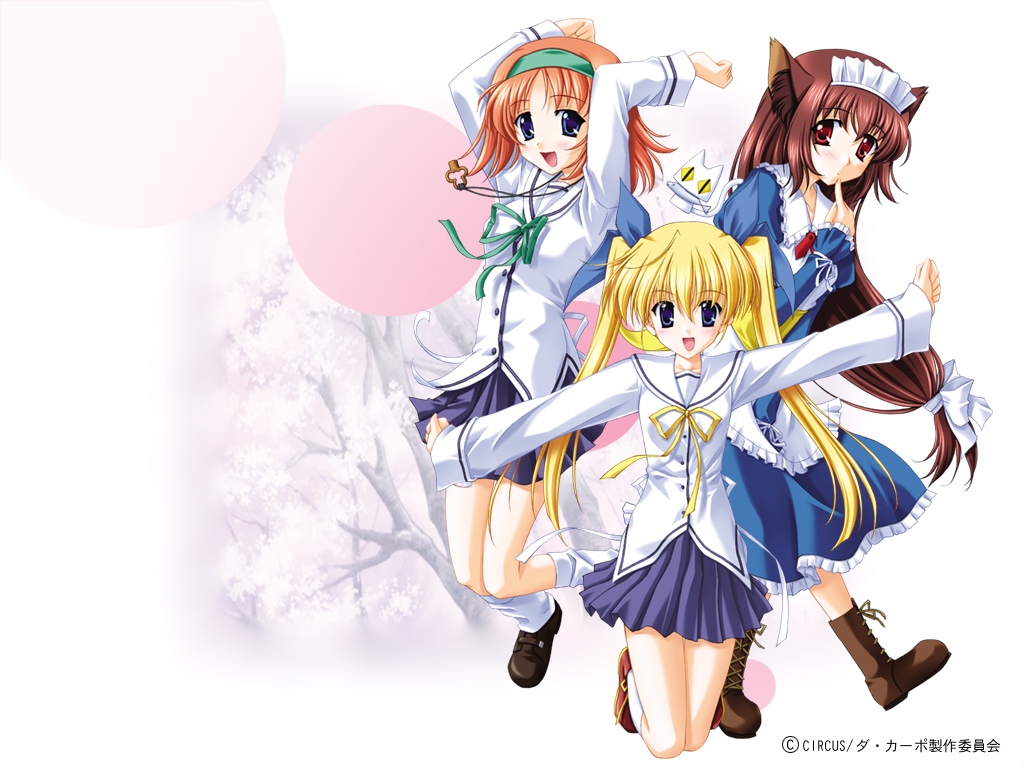 amakase miharu, sagisawa yoriko, yoshino sakura, da capo, da capo i, 00s, 3girls, :d, arms up, blonde hair, blue eyes, brown hair, long sleeves, maid, maid headdress, multiple girls, open mouth, orange hair, school uniform, shirt, short hair, simple background, smile, twintails, white background, white shirt