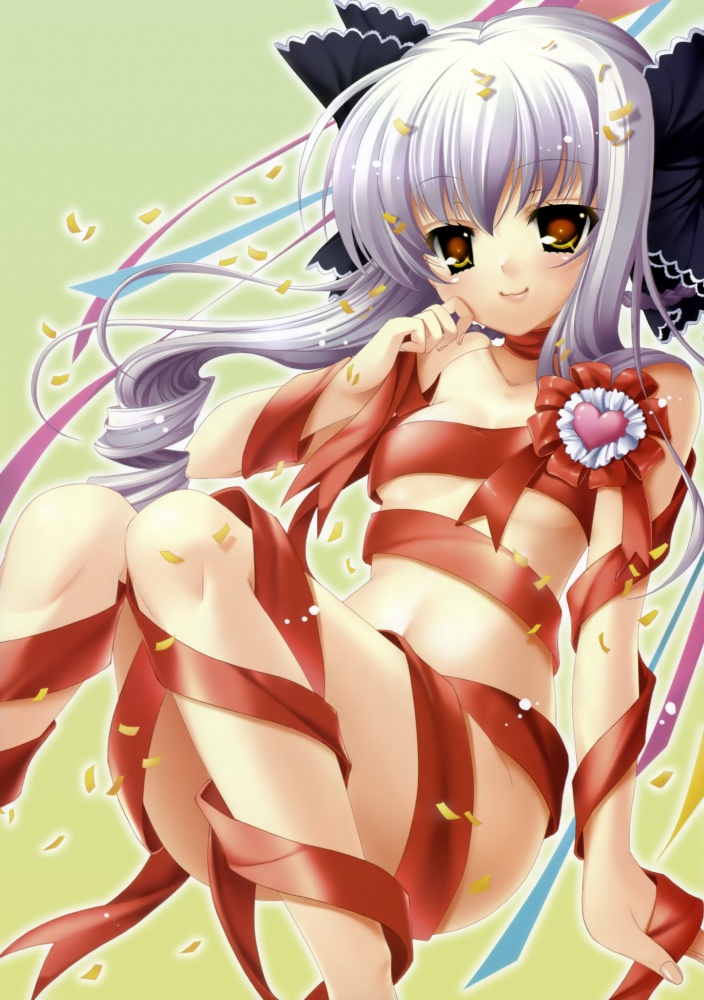 mitsumomo mamu, yukimura anzu, da capo, da capo ii, 00s, 1girl, confetti, drill hair, female focus, hand on own face, heart, naked ribbon, red eyes, ribbon, smile, solo, white hair