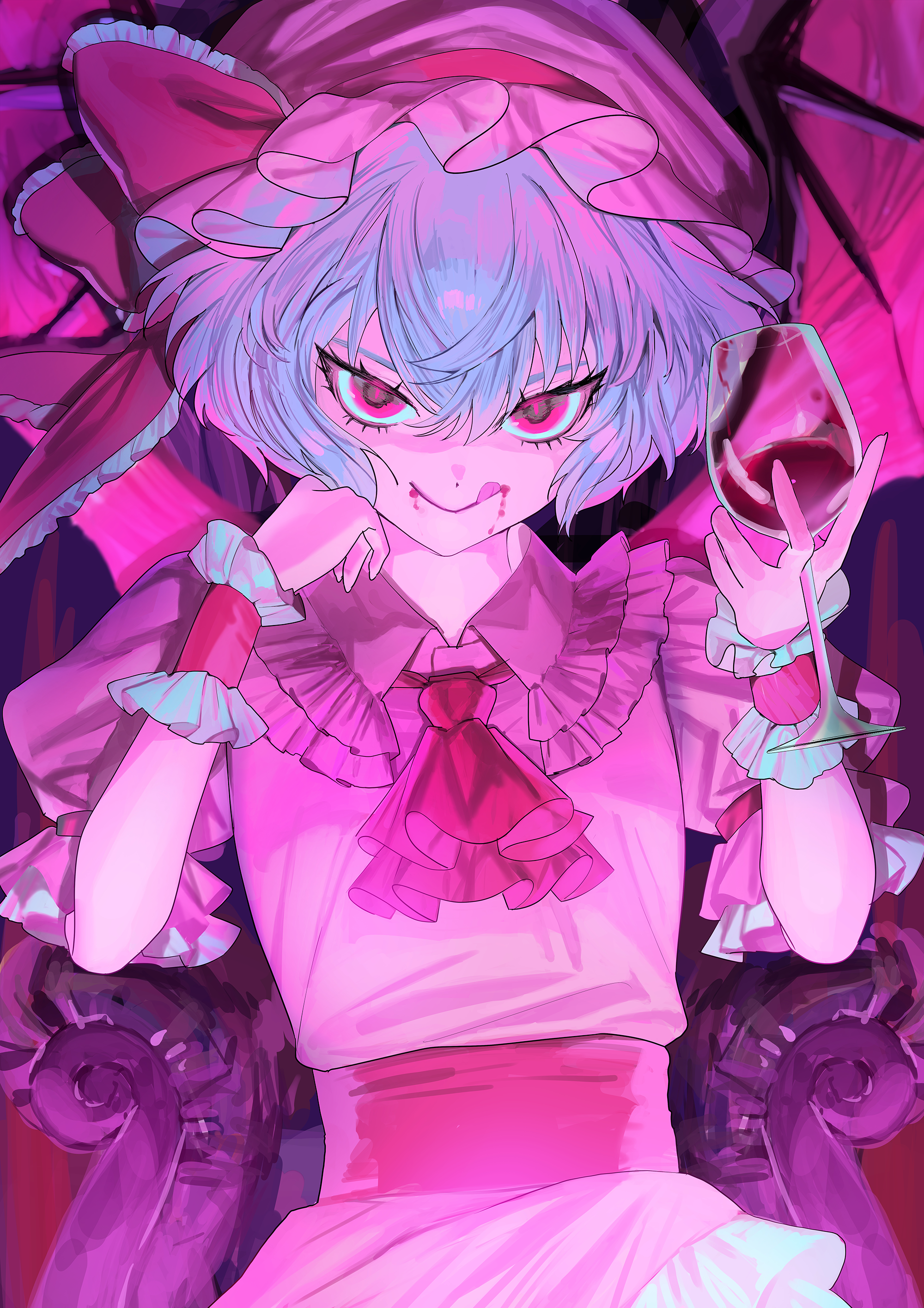remilia scarlet, touhou, absurdres, artist request, commentary request, highres, second-party source, 1girl, alcohol, ascot, bat wings, blue hair, bow, chair, cup, drinking glass, frilled bow, frilled shirt collar, frilled wrist cuffs, frills, hands up, hat, hat bow, holding, holding cup, licking lips, looking at viewer, mob cap, on chair, pink eyes, pink hat, pink shirt, pink theme, pink wings, puffy short sleeves, puffy sleeves, red ascot, red bow, red wine, sash, shirt, short hair, short sleeves, sitting, slit pupils, smile, solo, tongue, tongue out, touhou project exhibition: harajuku gensoukyou 2025 official, wine, wine glass, wings, wrist cuffs