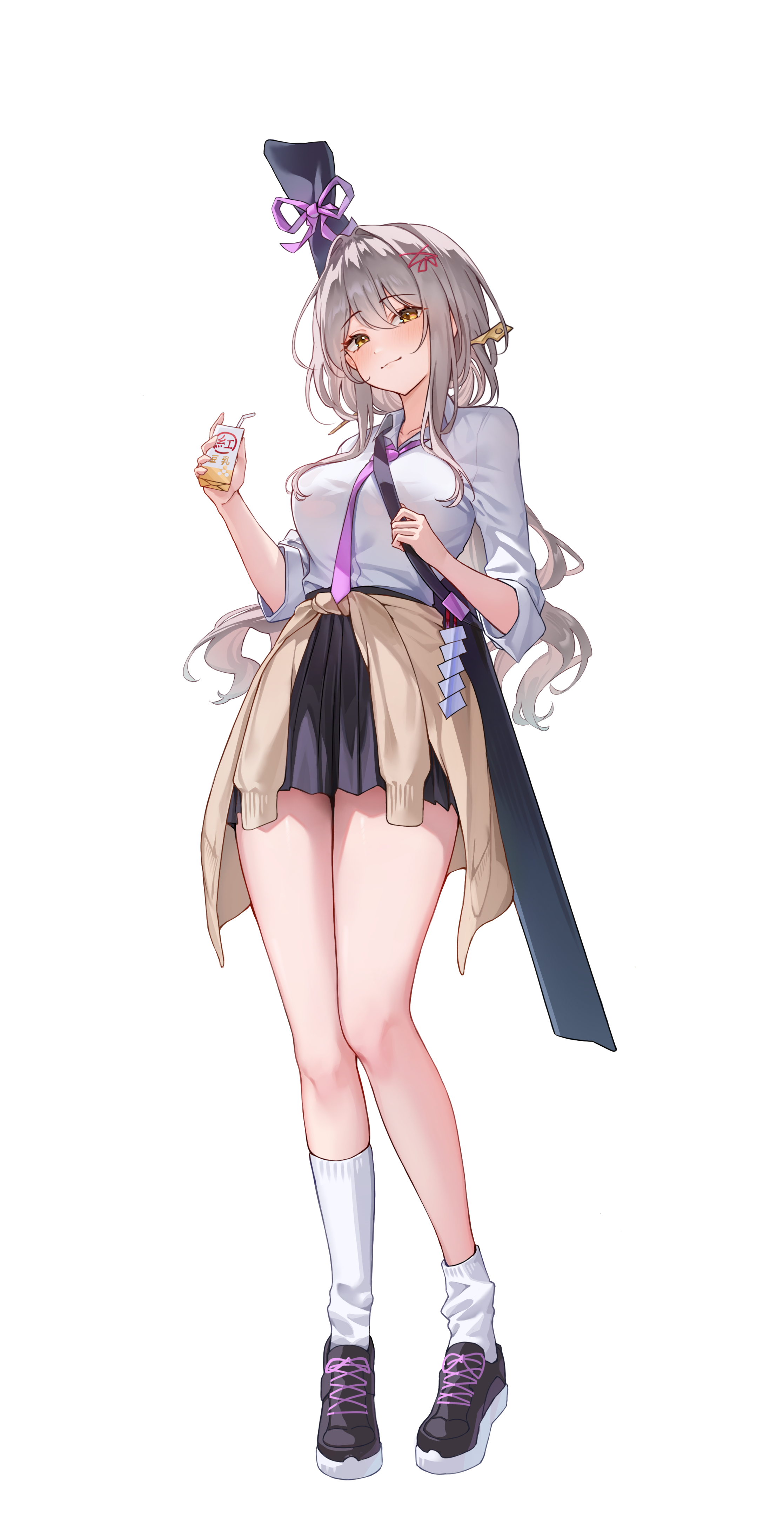 cela (akeeeeee675), scarlet (nikke), goddess of victory: nikke, absurdres, highres, korean commentary, 1girl, alternate costume, clothes around waist, full body, grey hair, holding, school uniform, shirt, simple background, skirt, solo, white background, white shirt, yellow eyes