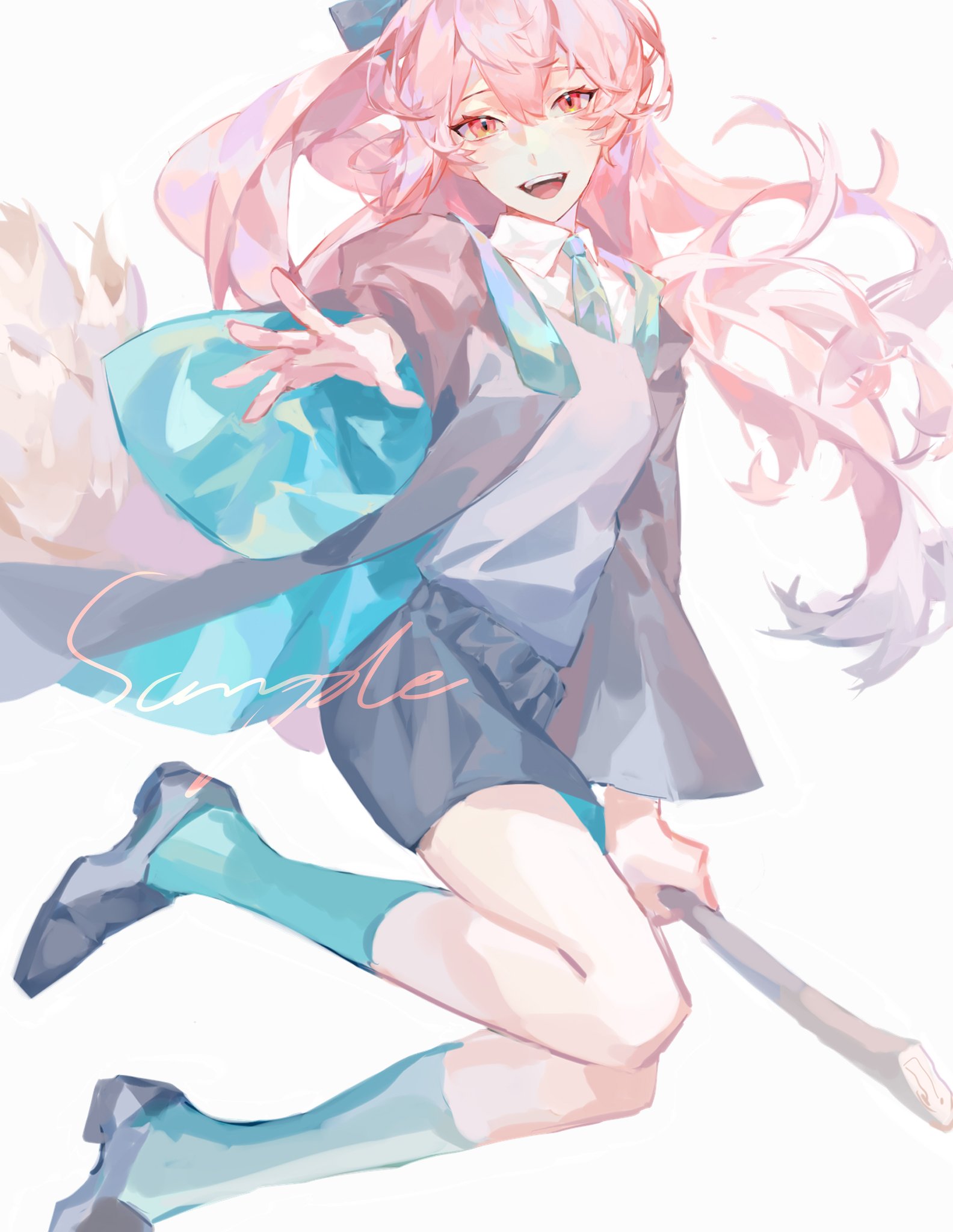 liulianjingrua, original, highres, 1girl, bow, broom, collared shirt, full body, green socks, hair between eyes, hair bow, hair ornament, kneehighs, long hair, long sleeves, looking at viewer, open mouth, pink hair, shirt, shorts, simple background, smile, socks, solo, white background, white shirt, wide sleeves