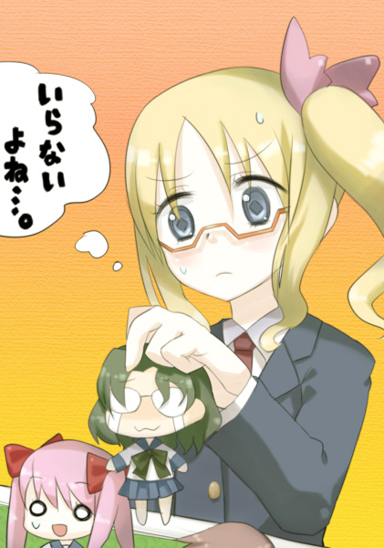 haramura nodoka, miyanaga saki, senoo kaori, someya mako, saki (manga), 00s, 1girl, :3, character doll, doll, female focus, glasses, school uniform, serafuku, side ponytail, solo