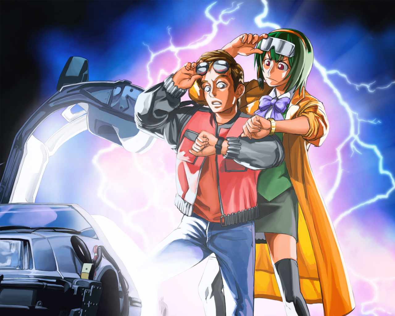 ebinera, christopher lloyd, marty mcfly, michael j. fox, otonashi kotori, back to the future, back to the future part ii, delorean, idolmaster, idolmaster (classic), universal studios, 1980s (style), 1boy, 1girl, black skirt, black thighhighs, car, crossover, denim, feet out of frame, green hair, gullwing doors, jacket, jeans, lightning, miniskirt, motor vehicle, oldschool, pants, parody, retro artstyle, skirt, sleeves rolled up, standing, sunglasses, thighhighs, watch, wristwatch, zettai ryouiki