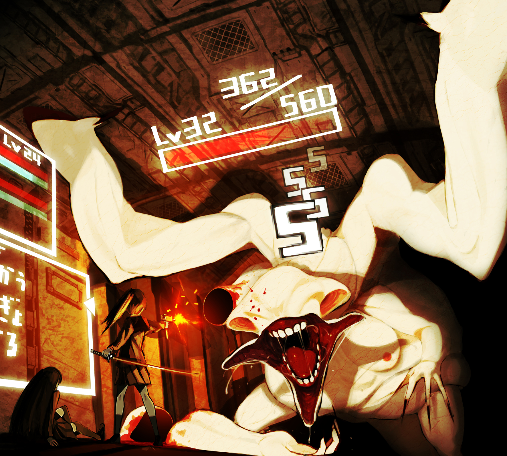 asgr, original, bad id, bad pixiv id, highres, 2girls, damage numbers, gameplay mechanics, gun, health bar, menu, monster, multiple girls, ponytail, shell casing, stats, sword, weapon