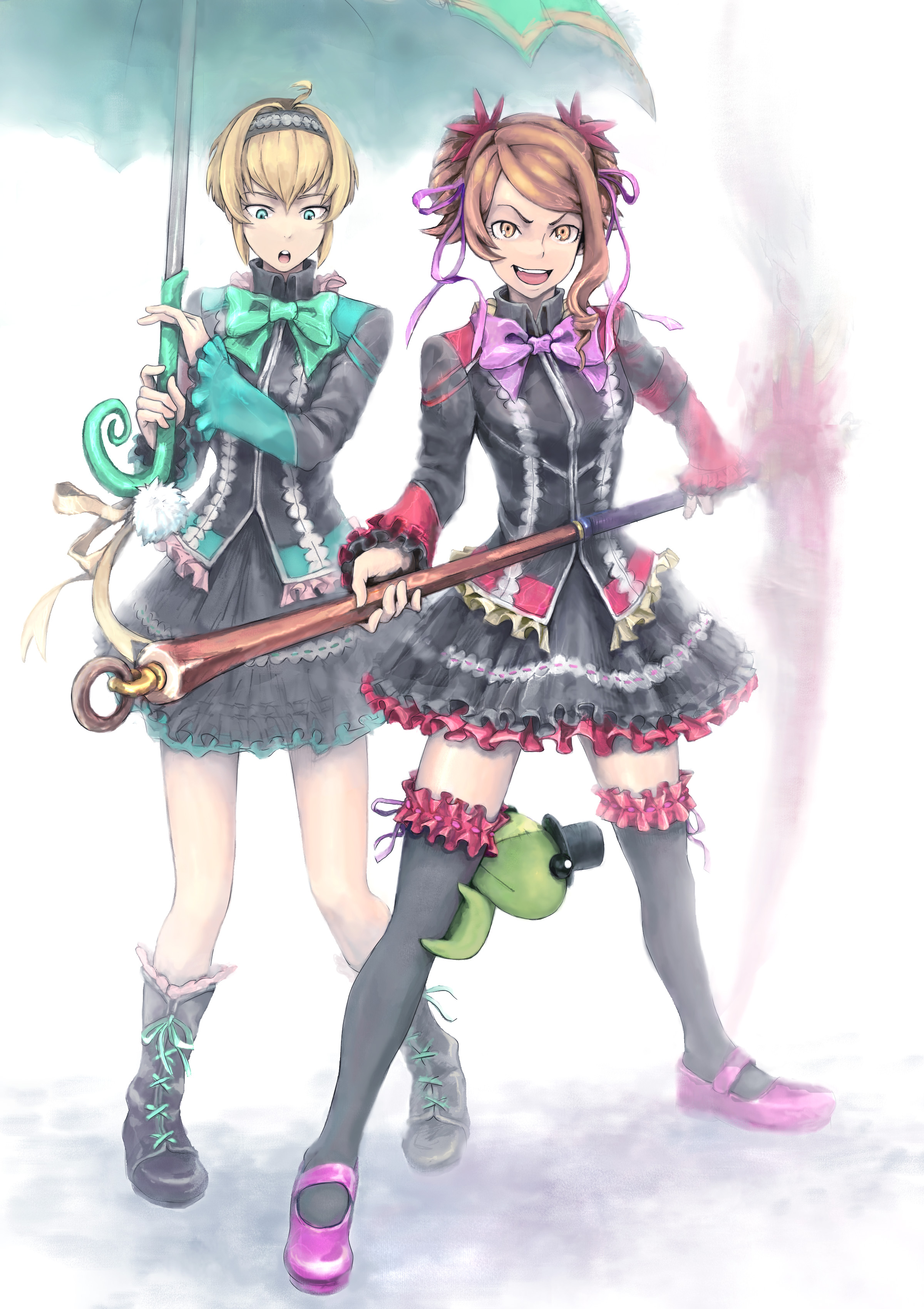 yanmar, poorya, ruunya, arc rise fantasia, absurdres, bad id, bad pixiv id, highres, 2girls, multiple girls, ribbon, thighhighs, umbrella, zettai ryouiki