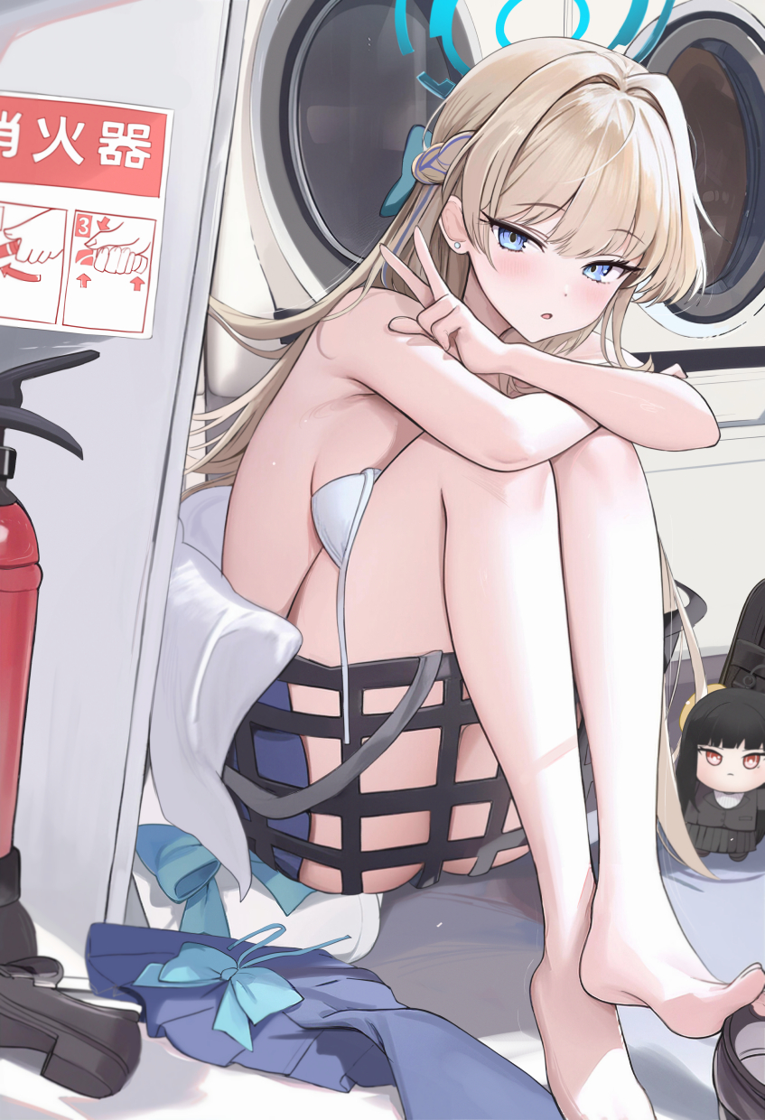 houraku, rio (blue archive), sensei (blue archive), toki (blue archive), blue archive, highres, textless version, 1girl, ?, barefoot, blonde hair, blue eyes, blue halo, blue skirt, blush, bra, breasts, character doll, doll, earrings, fire extinguisher, halo, indoors, jewelry, long hair, looking at viewer, medium breasts, open bra, open mouth, sitting, skirt, solo focus, stud earrings, toes, underwear, unworn clothes, white bra