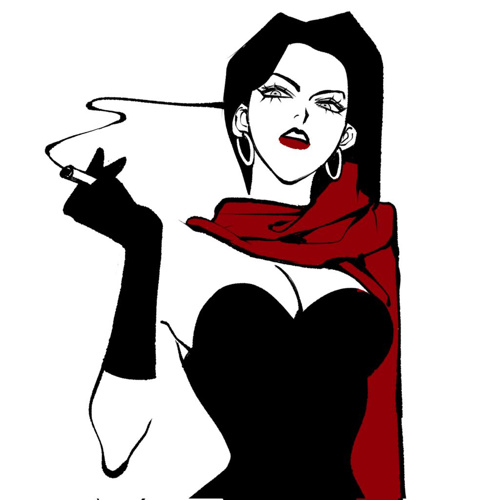 clamchowder55, lisa lisa, battle tendency, jojo no kimyou na bouken, commentary request, corrupted twitter file, korean commentary, 1girl, black hair, breasts, cigarette, cleavage, dress, earrings, elbow gloves, gloves, holding, holding cigarette, hoop earrings, jewelry, large breasts, lipstick, long hair, looking to the side, makeup, red lips, scarf, smoke, smoking, solo, spot color, strapless, strapless dress, upper body, white background