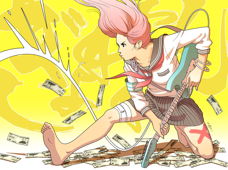 cacn, original, bad id, bad pixiv id, armband, bandages, barefoot, belt, feet, guitar, instrument, jewelry, money, pink hair, school uniform, serafuku, solo, strat (guitar)