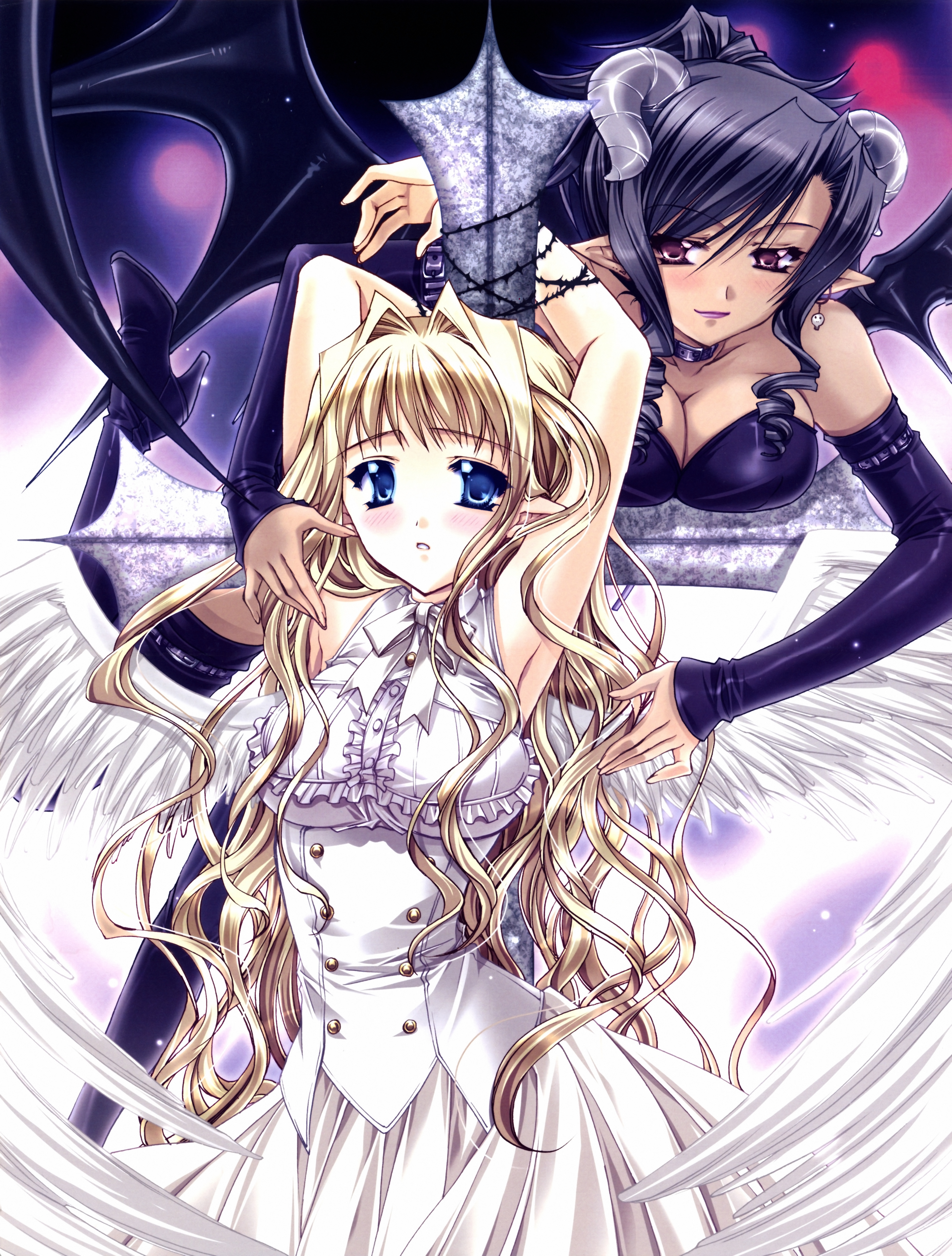 ryuuga shou, original, absurdres, highres, 2girls, angel, angel and devil, bat wings, bdsm, black hair, blonde hair, blue eyes, bondage, bound, breasts, cleavage, demon, demon girl, dress, femdom, large breasts, long hair, multiple girls, wings, yuri