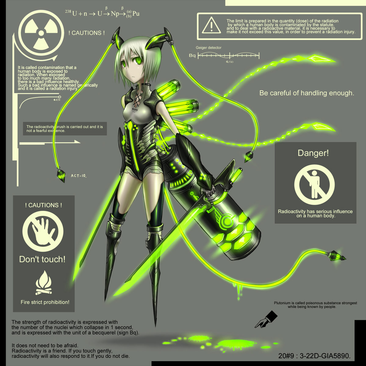 gia, pixiv fantasia, pixiv fantasia 3, highres, 1girl, android, armor, bodysuit, cyborg, dripping, dual wielding, english text, engrish text, female focus, frown, glowing, green eyes, hair between eyes, hair ornament, holding, mecha musume, neon trim, personification, radiation symbol, radioactive, ranguage, robot, short hair, solo, sword, tail, weapon, white hair