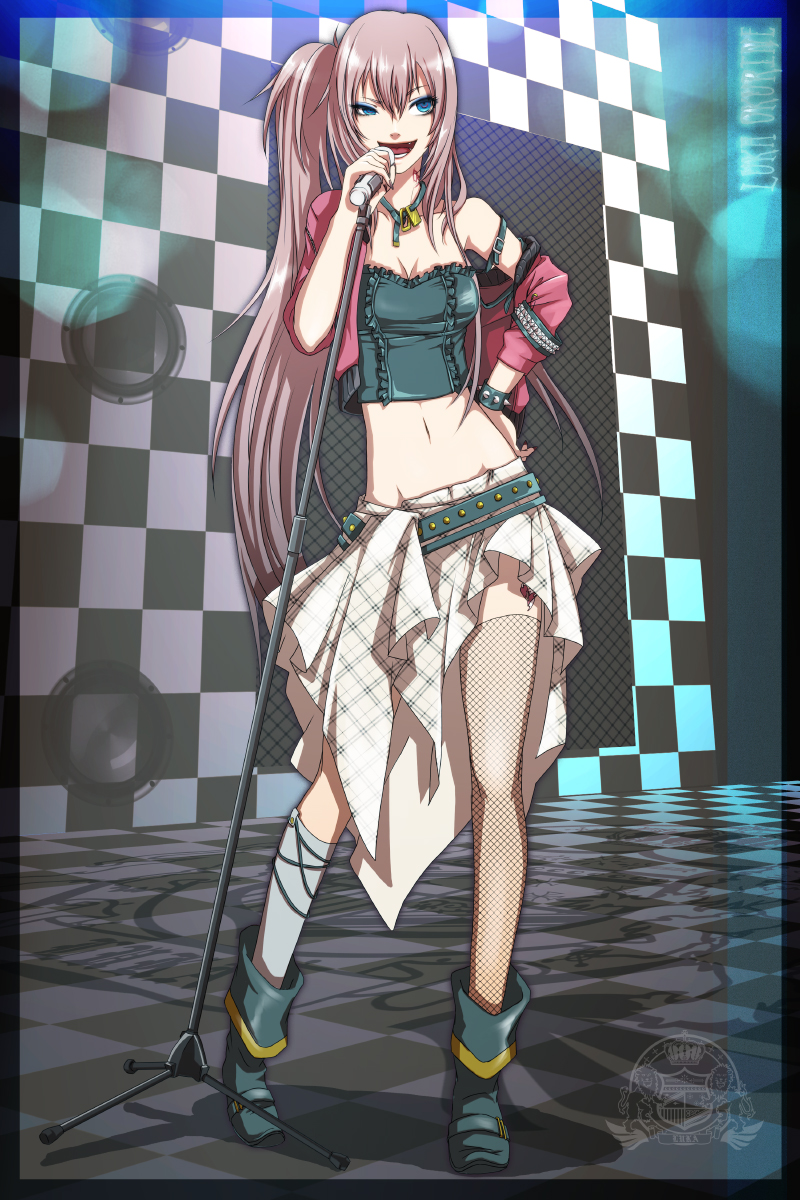 momopanda, megurine luka, okurine luka, vocaloid, highres, 1girl, alternate costume, alternate hairstyle, aqua eyes, fang, female focus, legs, long hair, microphone, microphone stand, pink hair, solo