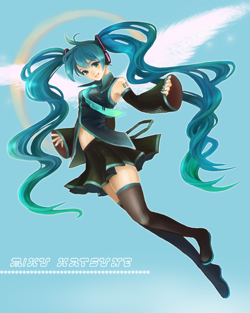 momopanda, hatsune miku, vocaloid, green hair, legs, lips, long hair, solo, thighhighs, twintails, very long hair