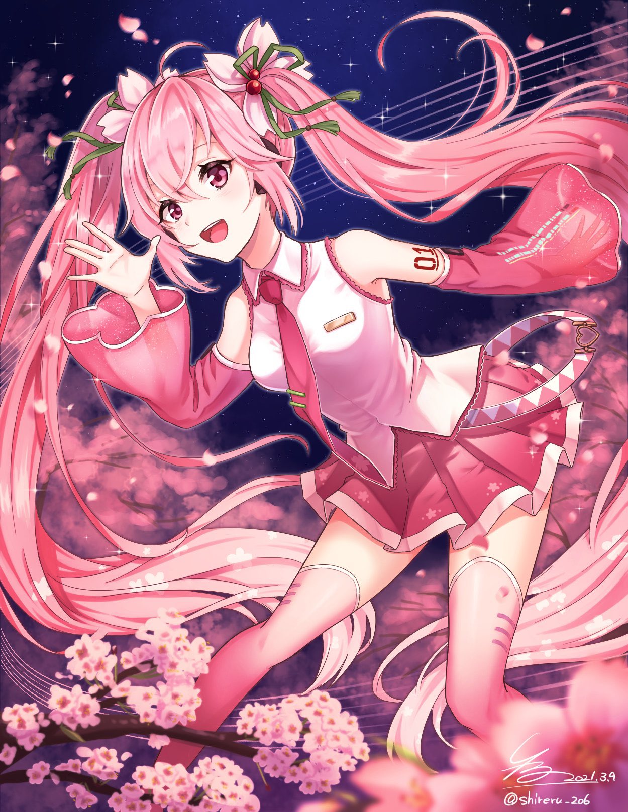 shireru illust, hatsune miku, sakura miku, vocaloid, commentary request, highres, 1girl, bare shoulders, boots, breasts, cherry blossoms, cherry hair ornament, collared shirt, detached sleeves, food-themed hair ornament, foot out of frame, frilled shirt, frilled shirt collar, frills, hair ornament, hand up, headphones, holding, holding stick, jumping, long hair, long sleeves, looking at viewer, miniskirt, nail polish, necktie, official alternate costume, open mouth, pink boots, pink eyes, pink hair, pink nails, pink necktie, pink skirt, pink sleeves, pink theme, pink trim, pleated skirt, shirt, signature, skirt, sleeveless, sleeveless shirt, sleeves past fingers, sleeves past wrists, small breasts, smile, solo, stick, teeth, thigh boots, tie clip, tongue, twintails, upper teeth only, very long hair, white shirt, white trim