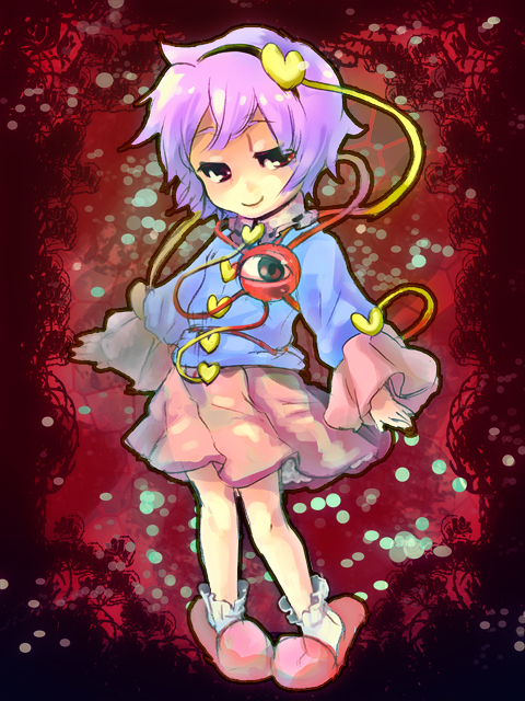 saawan, sawansawa, komeiji satori, touhou, 1girl, female focus, full body, hairband, heart, purple hair, red eyes, red slippers, short hair, slippers, solo, standing