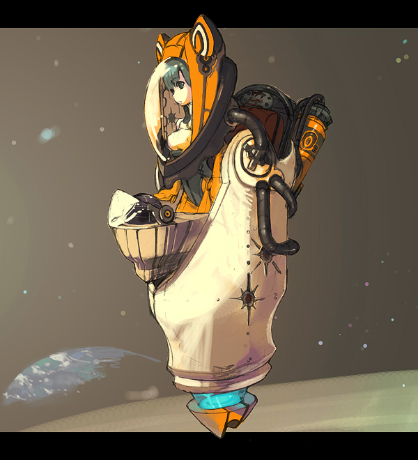 saawan, sawansawa, original, silver hair, vehicle, 1girl, bucket, female focus, full body, grey background, lantern, letterboxed, looking at viewer, simple background, solo, space, spacecraft