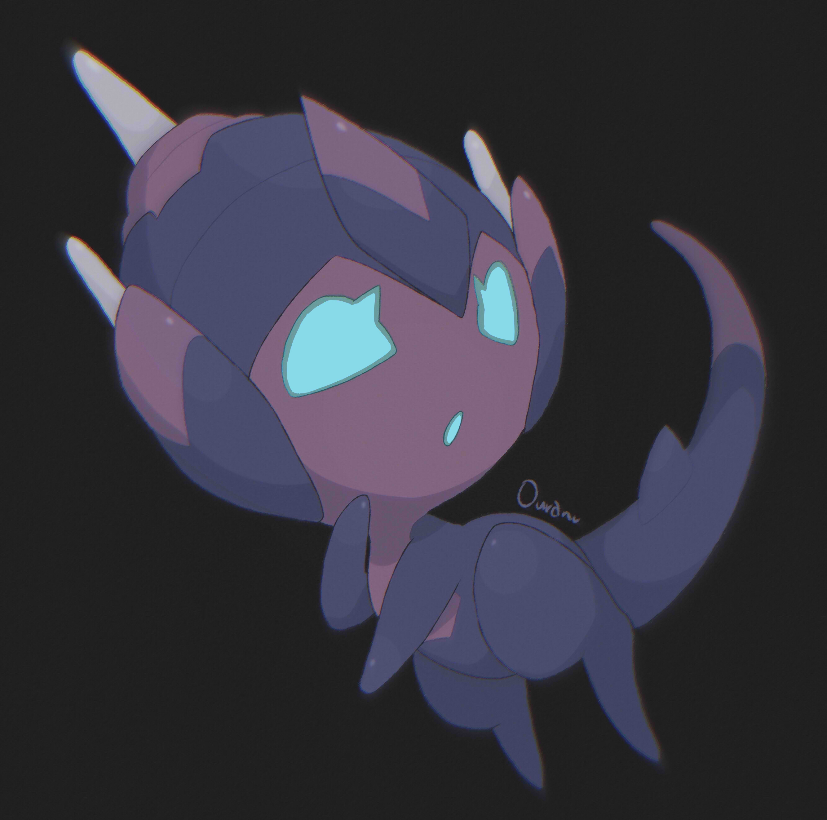 ouran, poipole, nintendo, pokemon, absurdres, commentary request, highres, black background, blue eyes, floating, full body, gen 7 pokemon, grey background, no humans, open mouth, pokemon (creature), signature, simple background, solo, ultra beast