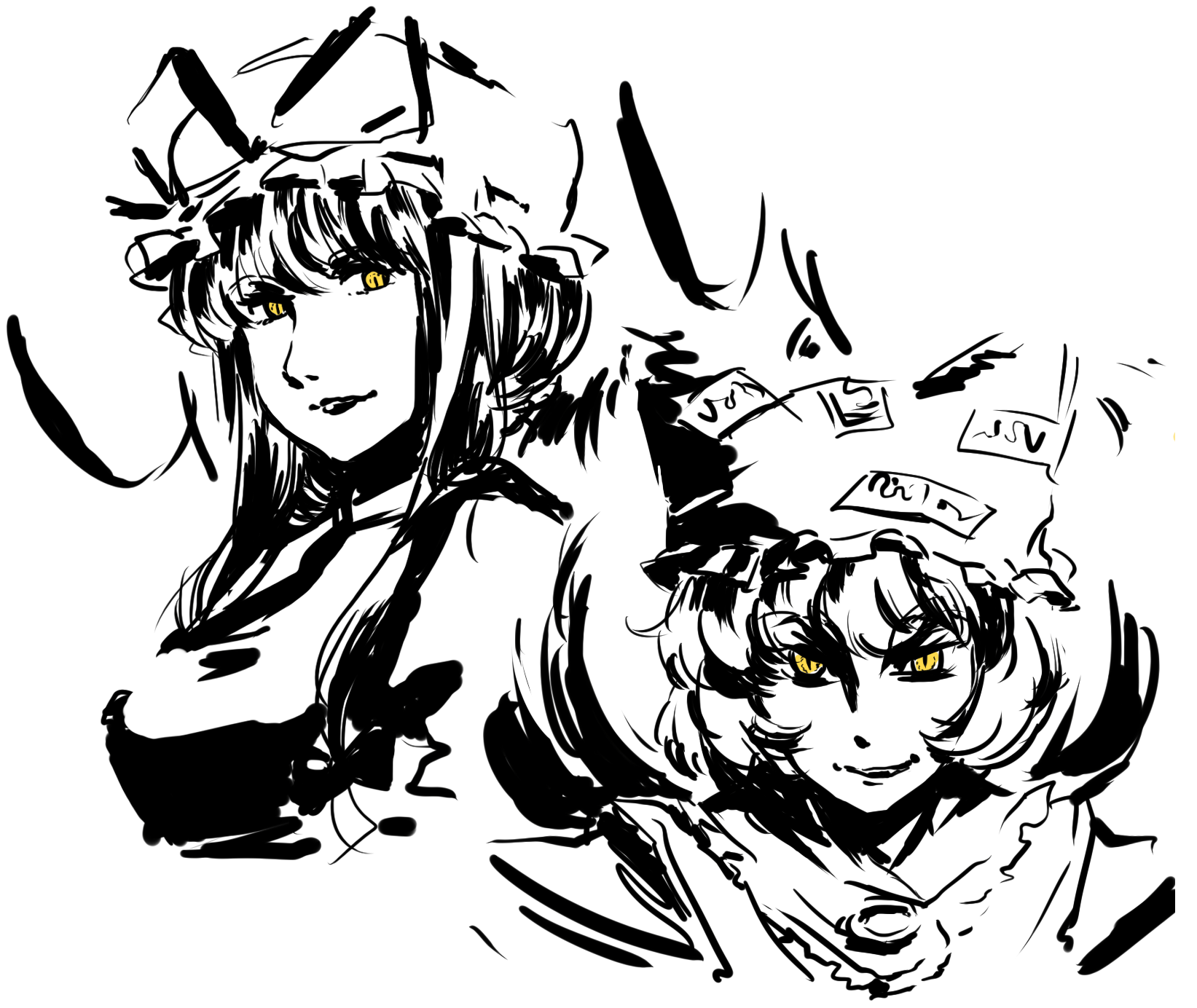 mitsumoto jouji, yakumo ran, yakumo yukari, touhou, highres, 2girls, animal hat, bow, female focus, greyscale, grin, hair up, hat, hat ribbon, mob cap, monochrome, multiple girls, portrait, ribbon, short hair, sketch, smile, spot color, white background, yellow eyes