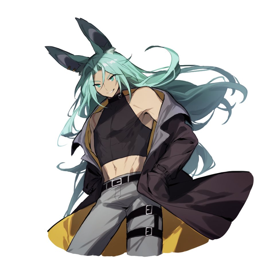dragalinuka, luca (dragalia lost), dragalia lost, 1boy, alternate costume, animal ear fluff, animal ears, bare shoulders, belt, belt buckle, black belt, black coat, black shirt, buckle, coat, cropped shirt, green eyes, green hair, grey pants, hair between eyes, hands in pockets, long hair, looking at viewer, male focus, midriff, multiple belts, navel, off shoulder, pants, rabbit ears, shirt, smile, solo, white background