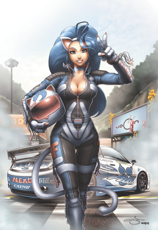 omar dogan, udon entertainment, felicia (darkstalkers), capcom, darkstalkers, 1girl, animal ears, animal hands, big hair, blue eyes, blue hair, bodysuit, breasts, car, cat ears, cat tail, cleavage, female focus, grin, head tilt, helmet, holding, holding unworn helmet, large breasts, matching hair/eyes, motor vehicle, race vehicle, racecar, racing suit, shiny skin, signature, smile, solo, tail, thigh gap, unworn helmet, unzipped, v