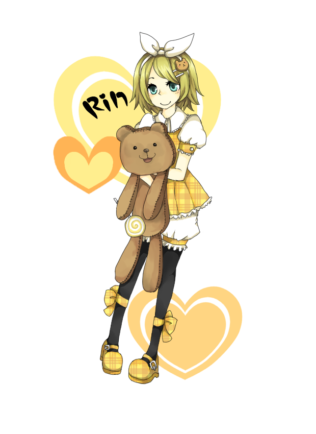 aina (aina39), aina (artist), aina (cache cache), kagamine rin, vocaloid, bad id, bad pixiv id, 1girl, blonde hair, blue eyes, candy, female focus, food, hair ornament, hair ribbon, hairclip, heart, lollipop, pantyhose, ribbon, short hair, smile, solo, stuffed animal, stuffed toy, swirl lollipop, teddy bear