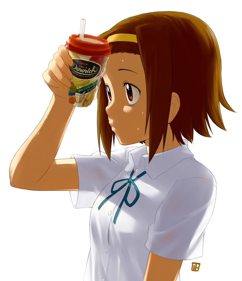 nagian, tainaka ritsu, k-on!, bad id, bad pixiv id, 00s, 1girl, bra, brown eyes, brown hair, cellophane, drink, female focus, forehead, hairband, lingerie, school uniform, short hair, solo, sweat, tomboy, underwear