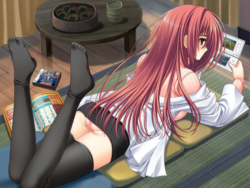 norita, amaya miu, utsurigi nanakoi tenkiame, game cg, 1girl, black thighhighs, feet, female focus, from behind, handheld game console, long hair, lying, nintendo ds, on stomach, panties, pantyshot, pink panties, playing, playing games, red eyes, red hair, skirt, solo, thighhighs, underwear, upskirt, video game, voyeurism