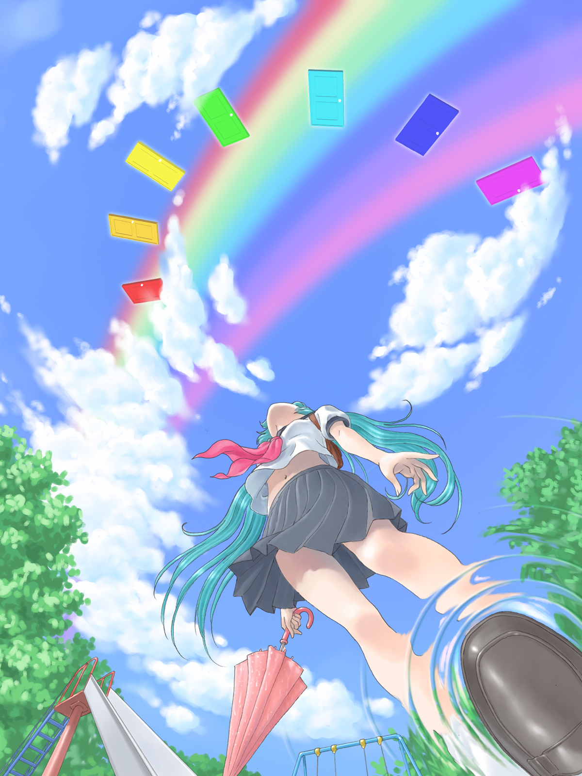 hata hata, hatsune miku, vocaloid, highres, 1girl, aqua hair, closed umbrella, cloud, day, female focus, from below, legs, long hair, looking up, midriff, navel, rainbow, rainbow order, reflection, reflective liquid, ripples, school uniform, skirt, sky, slide, solo, swing, tree, twintails, umbrella, water