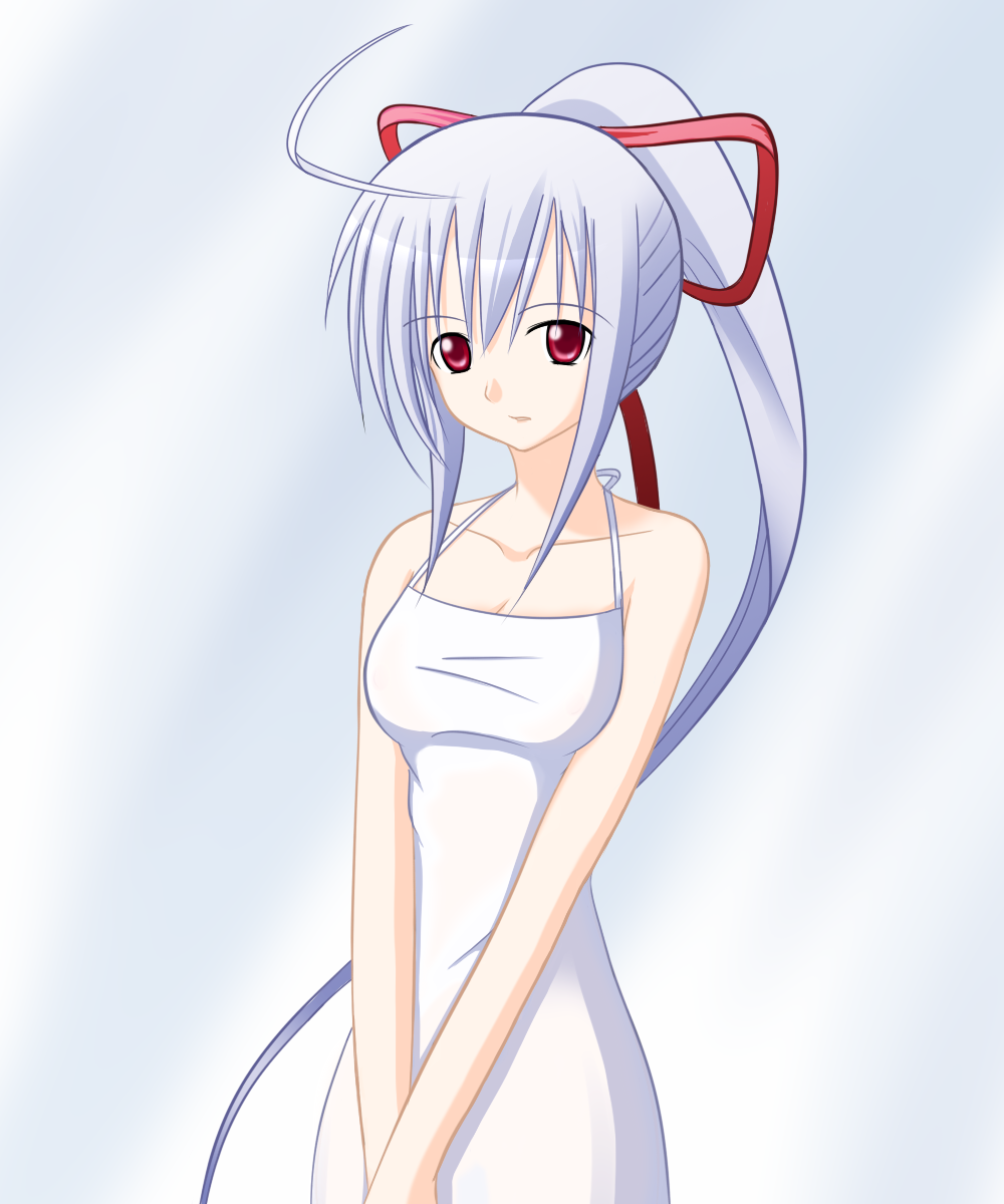 rin takanashi glacies, freudia neuwahl, rosenkreuzstilette, silver hair, highres, ahoge, bow, bride, dress, elbow gloves, gloves, hair ribbon, long hair, ponytail, red eyes, ribbon, solo, very long hair, wedding dress