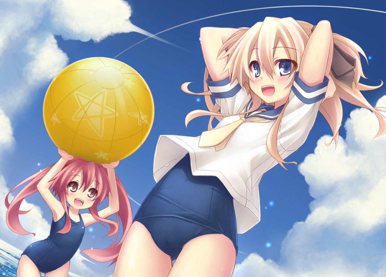 ryo (botugo), aloe, aloe (quiz magic academy), shalon, quiz magic academy, bad id, bad pixiv id, 2girls, :d, ball, beach, blonde hair, blue eyes, blush, brown eyes, cloud, cloudy sky, day, loli, long hair, multiple girls, no pants, one-piece swimsuit, open mouth, outdoors, red hair, school swimsuit, school uniform, serafuku, sky, smile, swimsuit, swimsuit under clothes, twintails, two side up, water