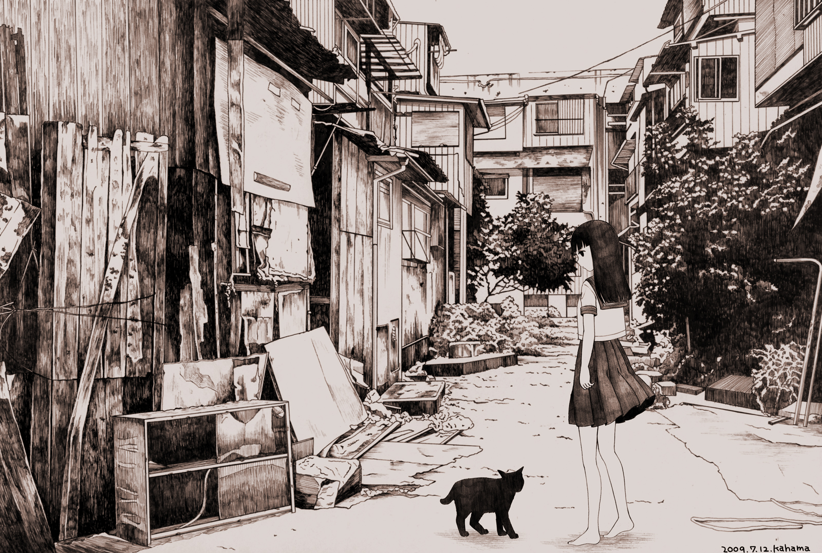 kahama youko, original, messy, bad id, bad pixiv id, highres, 1girl, animal, barefoot, cat, female focus, house, junk, long hair, monochrome, school uniform, solo, standing