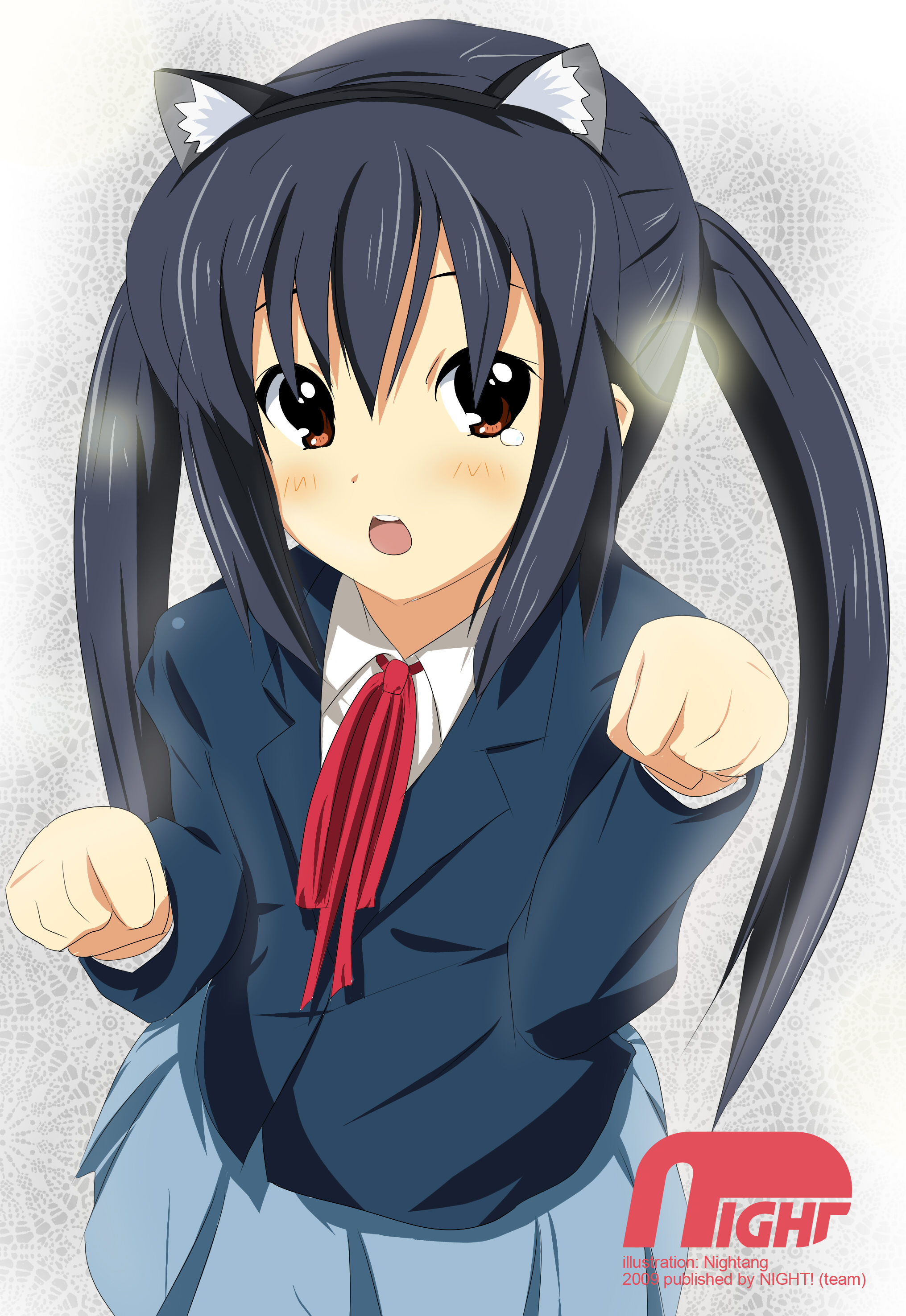 nightang, nakano azusa, k-on!, absurdres, highres, 00s, 1girl, animal ears, black hair, blush, brown eyes, cat ears, cat girl, female focus, long hair, paw pose, school uniform, solo, twintails
