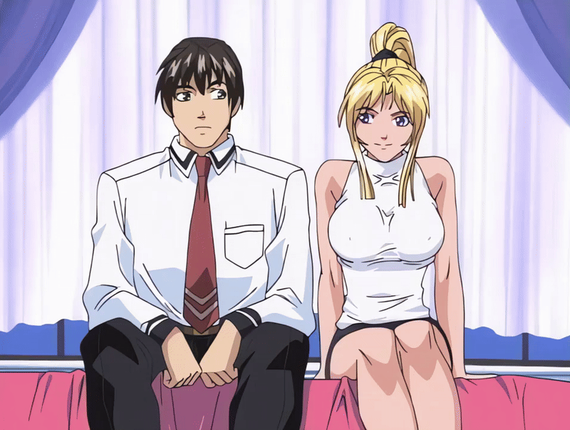 minase taki, saeki kaori, bible black, bible black night of the walpulgiss, animated, animated gif, tagme, 1boy, 1girl, 2001, arm support, bed, blonde hair, breasts, brown hair, drink, green eyes, high ponytail, large breasts, legs, long hair, moving, necktie, ponytail, purple eyes, school uniform, short hair, skirt, sleeveless, smile, thighs