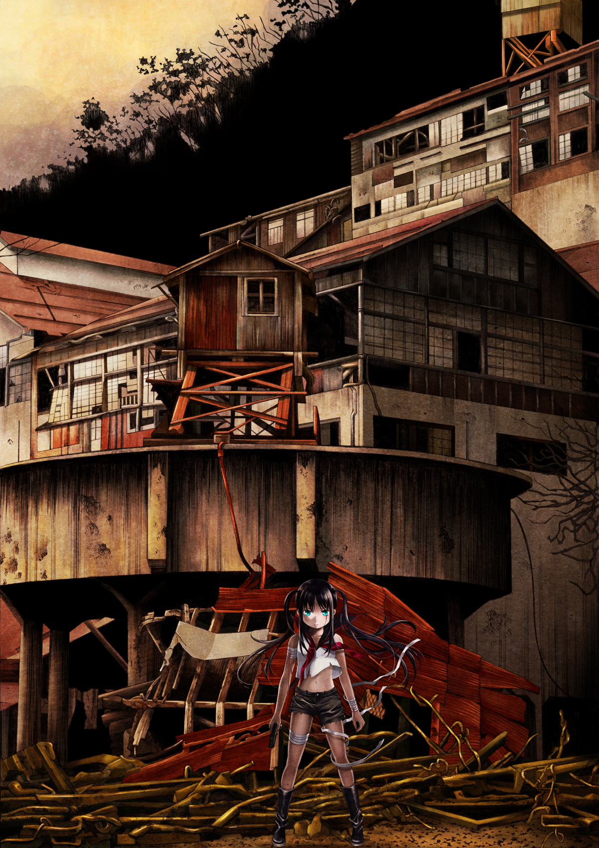 kahama youko, original, bad id, bad pixiv id, highres, 1girl, bandages, black hair, blood, blue eyes, child, female focus, gun, long hair, ruins, solo, standing, torn clothes, twintails, weapon