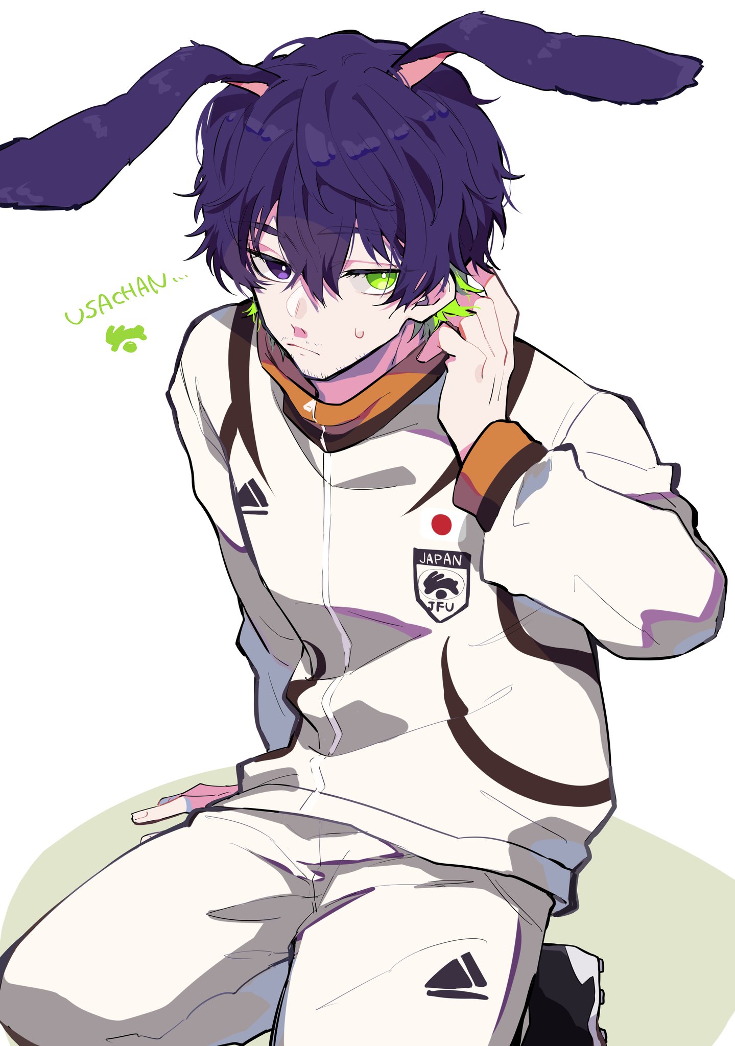 nekoma hikaru, oliver aiku, blue lock, commentary request, highres, 1boy, animal ears, bright pupils, facial hair, goatee stubble, green eyes, hair between eyes, jacket, kemonomimi mode, long sleeves, looking at viewer, male focus, mustache stubble, pants, purple eyes, purple hair, rabbit ears, romaji text, short hair, simple background, solo, stubble, sweatdrop, white background, white jacket, white pants, white pupils