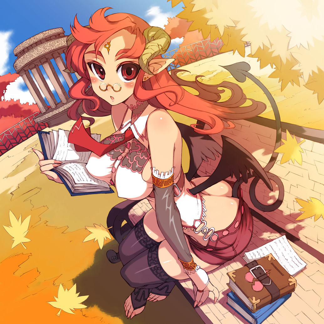 kusanagi tonbo, original, bad id, bad pixiv id, 1girl, barefoot, bench, blush, book, breasts, bridal gauntlets, butt crack, claws, covered erect nipples, demon girl, demon tail, dutch angle, elbow gloves, facial mark, female focus, fingernails, forehead mark, glasses, gloves, horns, large breasts, leaf, long fingernails, long hair, low wings, nail (hardware), necktie, pince-nez, pointy ears, red eyes, red hair, sitting, solo, tail, thighhighs, toeless legwear, wings