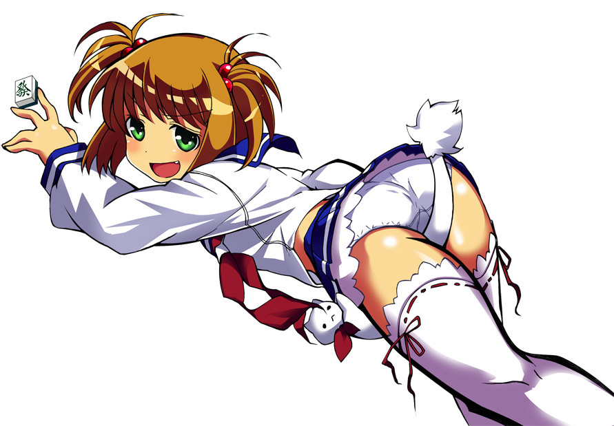 yuutarou, kataoka yuuki, saki (manga), 00s, 1girl, ass, between thighs, blush, board game, brown hair, dutch angle, fang, female focus, green eyes, hair bobbles, hair ornament, holding, holding mahjong tile, mahjong, mahjong tile, midriff, necktie, panties, pantyshot, ribbon, school uniform, serafuku, short twintails, simple background, smile, solo, stuffed animal, stuffed toy, tail, thighhighs, thighs, trefoil, twintails, two side up, underwear, upskirt, white panties