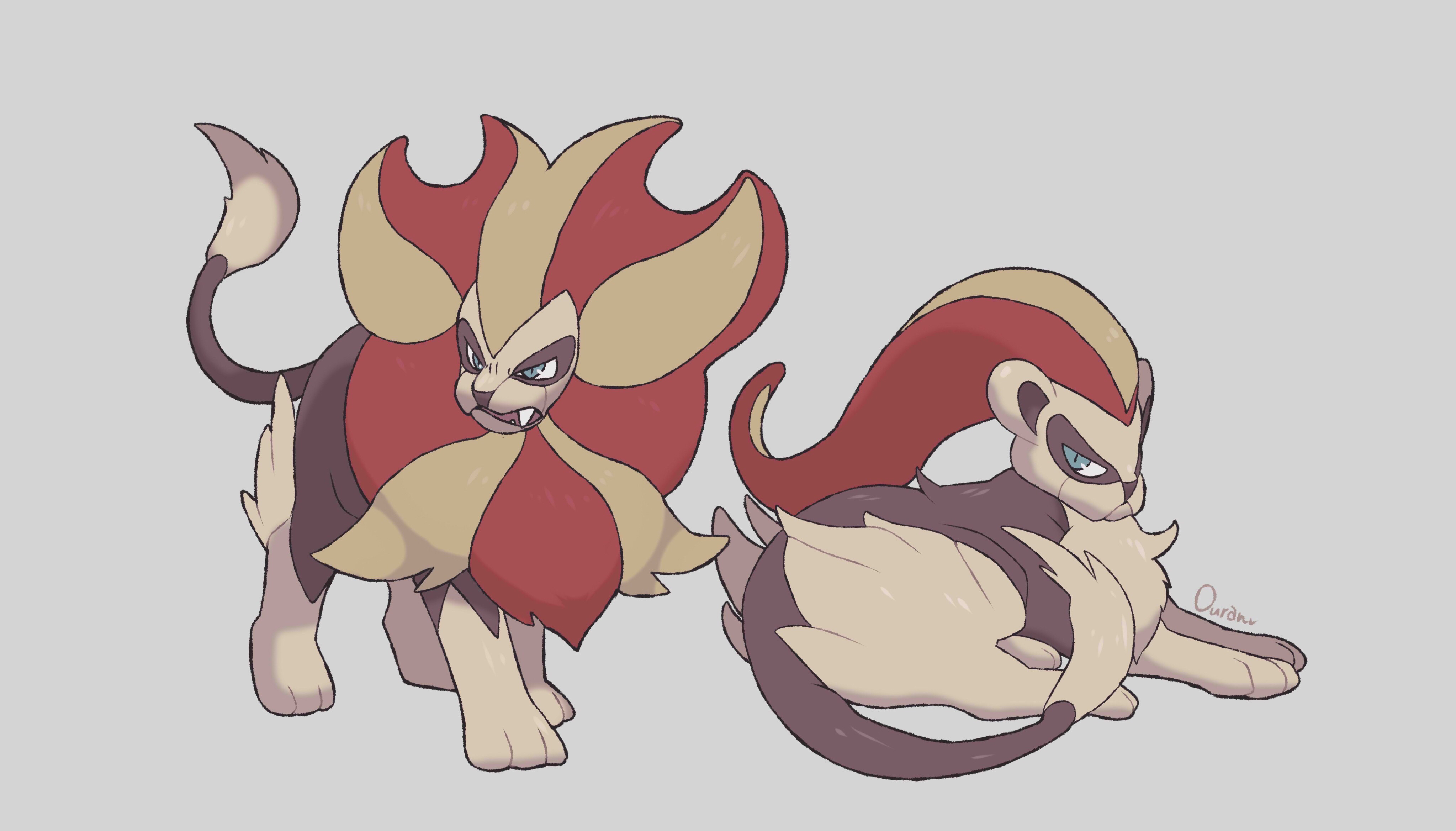 ouran, pyroar, pyroar (female), pyroar (male), nintendo, pokemon, absurdres, commentary request, highres, animal focus, blue eyes, fangs, full body, gen 6 pokemon, grey background, lion, no humans, pokemon (creature), signature, simple background, sitting