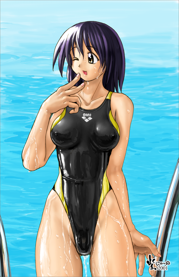 nyanko batake, arena (company), high cut kingdom, original, cameltoe, competition swimsuit, covered erect nipples, highleg, highleg one-piece swimsuit, nipples, one-piece swimsuit, one eye closed, purple hair, swimsuit, wet, wink, yellow eyes