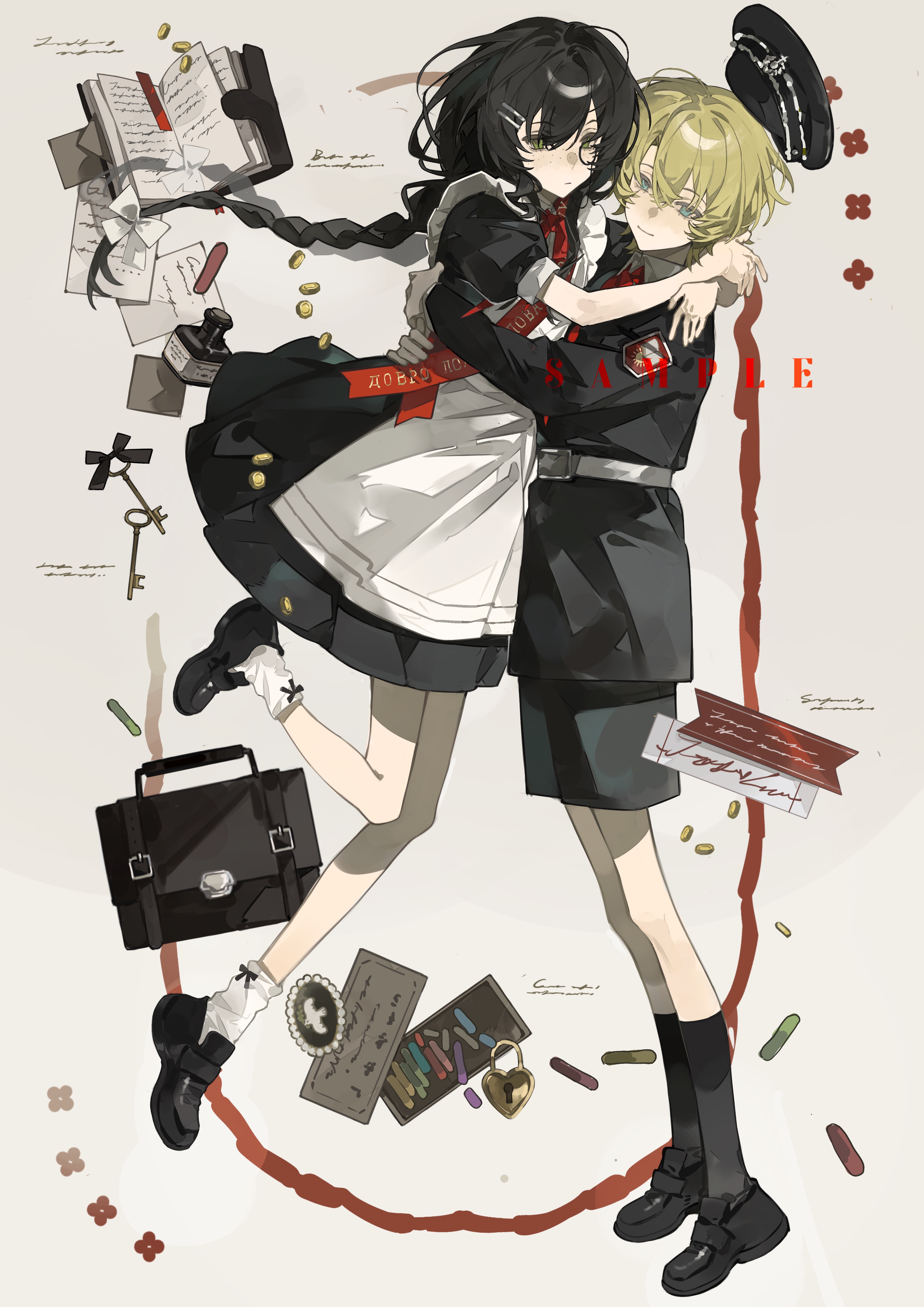 original, absurdres, highres, 1boy, 1girl, apron, black dress, black hair, black hat, black shorts, black socks, blonde hair, blue eyes, book, braid, brown eyes, dress, full body, hair between eyes, hair ornament, hairclip, hat, hug, jumping, kneehighs, long hair, long sleeves, looking at viewer, open book, paper, pen, pill, puffy short sleeves, puffy sleeves, red sash, sash, shanchuanweishan, shoes, short hair, short sleeves, shorts, single braid, socks, standing, unworn hat, unworn headwear, white apron, white socks