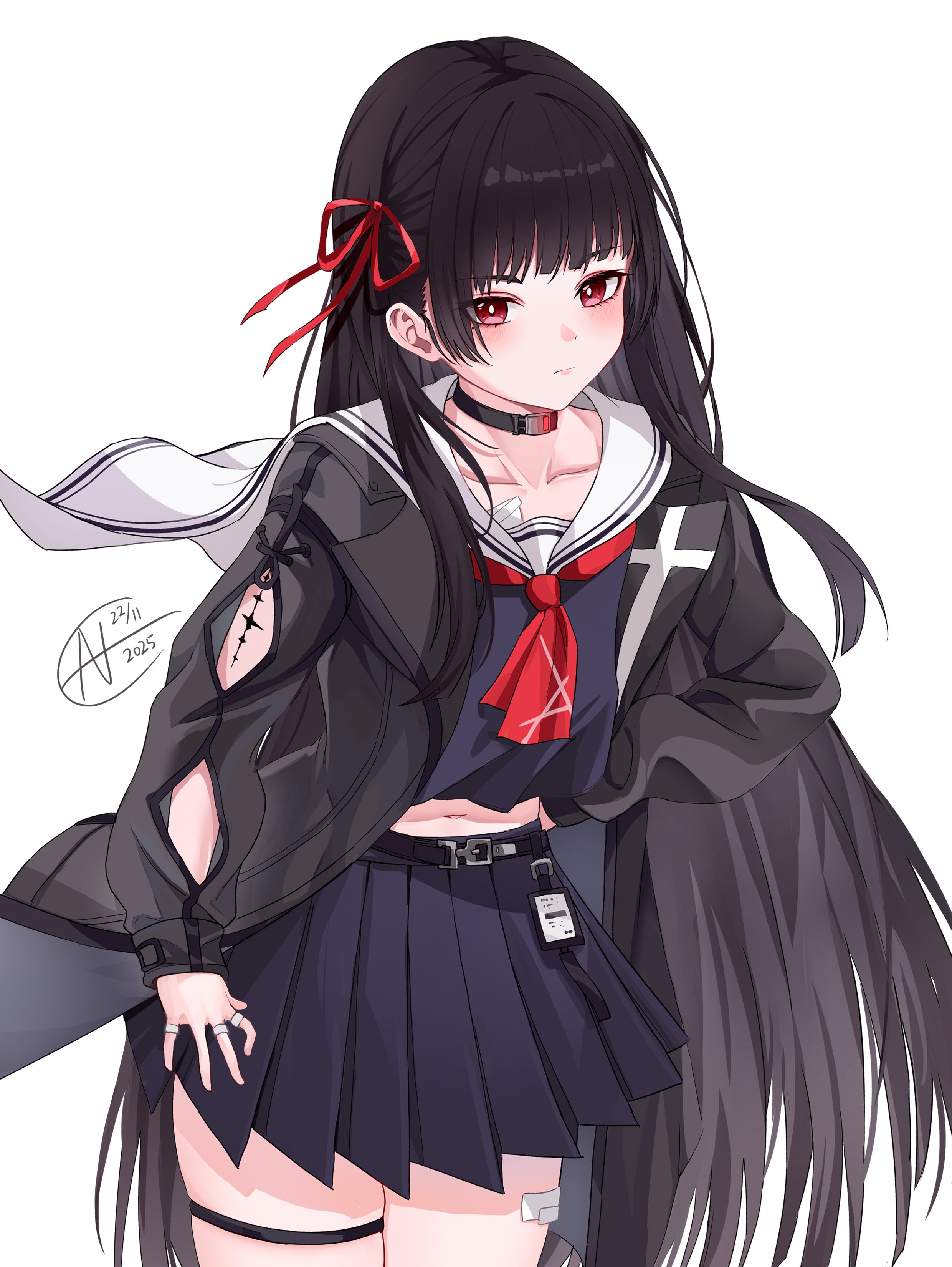 fanchin, chisa (wuthering waves), wuthering waves, absurdres, bad id, bad pixiv id, commentary, highres, revision, 1girl, arm cutout, black choker, black hair, black jacket, black serafuku, black shirt, black skirt, blush, choker, closed mouth, clothing cutout, collarbone, dated, hair ribbon, hand on own hip, jacket, long hair, long sleeves, looking at viewer, midriff, navel, red eyes, red ribbon, ribbon, sailor collar, school uniform, serafuku, shirt, simple background, skirt, solo, tacet mark (wuthering waves), thigh strap, thighs, white background, white sailor collar