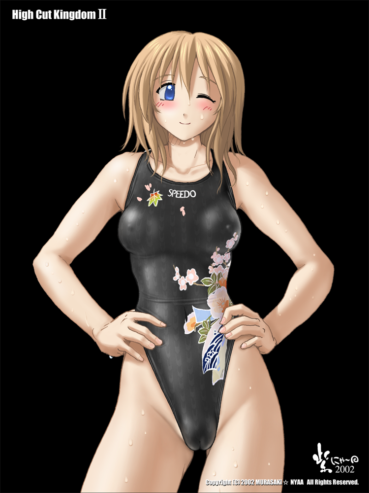 nyanko batake, high cut kingdom, original, speedo (company), 1girl, 2002, black background, blonde hair, blue eyes, blush, breasts, cameltoe, competition swimsuit, covered erect nipples, flower print, hands on own hips, highleg, highleg one-piece swimsuit, looking at viewer, medium breasts, nipples, one-piece swimsuit, one eye closed, swimsuit, wet, wink