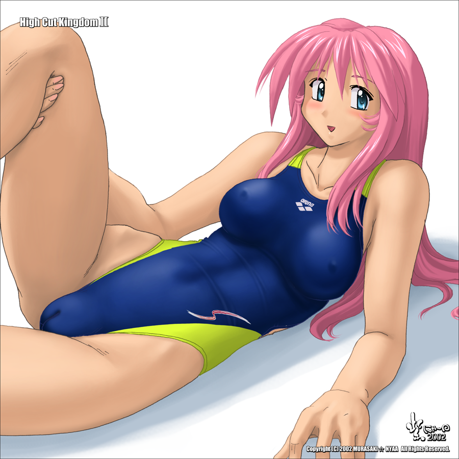 nyanko batake, arena (company), high cut kingdom, 1girl, 2002, blue eyes, cameltoe, competition swimsuit, covered erect nipples, covered navel, female focus, leg up, one-piece swimsuit, pink hair, solo, swimsuit