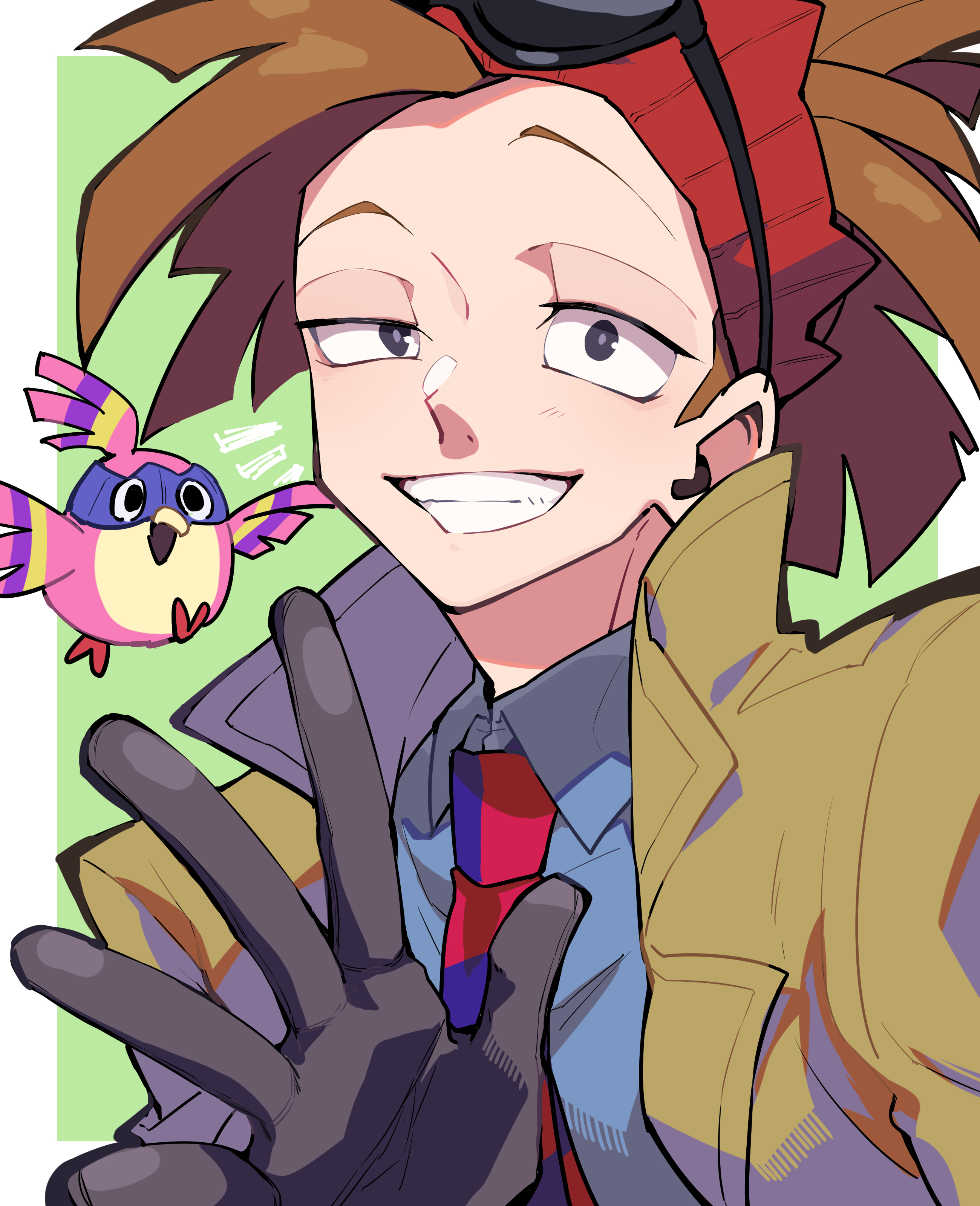 nekoma hikaru, rody soul, boku no hero academia, absurdres, commentary request, highres, 1boy, bird, black eyes, black gloves, blue shirt, border, brown hair, brown jacket, collared shirt, gloves, grin, jacket, looking at viewer, male focus, necktie, red necktie, shirt, short hair, sideburns, smile, solo, upper body, white border