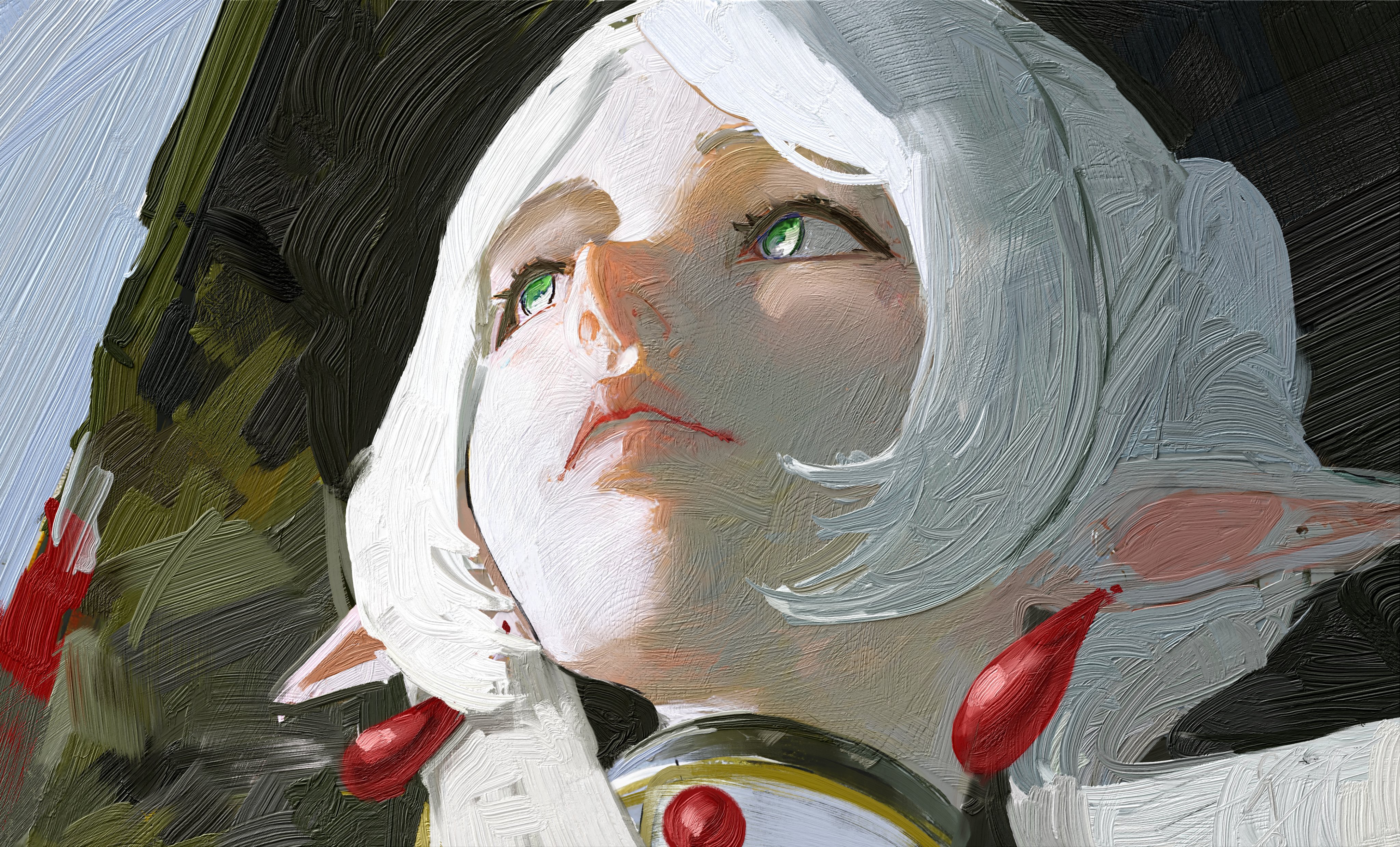 daodtt, frieren, sousou no frieren, absurdres, highres, brush stroke, collar, earrings, faux traditional media, green eyes, jewelry, looking up, meme, parted bangs, pointy ears, teardrop earrings, upward angle frieren drawing (meme), white hair