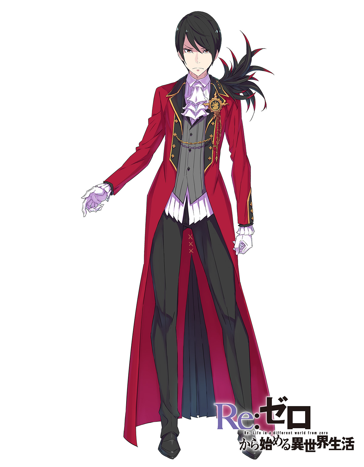 ootsuka shin'ichirou, vincent vollachia, re:zero kara hajimeru isekai seikatsu, commentary request, highres, 1boy, ascot, black feathers, black hair, black pants, black shoes, clenched hand, closed mouth, collared shirt, copyright name, dress shoes, english text, feathers, gloves, grey vest, hair between eyes, jacket, long sleeves, looking at viewer, open hand, pants, red jacket, shirt, shoes, short hair, simple background, solo, standing, tachi-e, title, tsurime, v-shaped eyebrows, vest, white ascot, white background, white gloves, white shirt